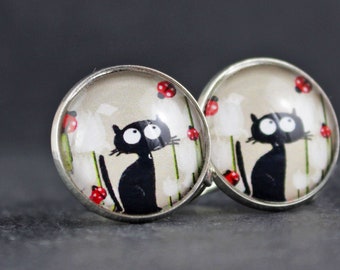 Stud earrings with black cat, ladybug, glass jewelry, jewelry for women