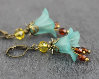 Flower earrings in petrol green, bluebells, flower earrings, romantic earrings