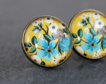 Ohrstecker mit Blumen, türkis blau und gelb, floral, Hängeohrringe, Schmuck für Frauen