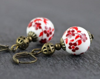 Earrings with ceramic pearls, white and red, earrings with cherry blossoms