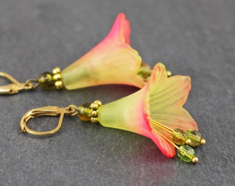 Flower earrings olive green lime green pink red, bluebells romantic earrings, jewelry for women gift