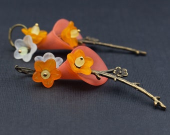 Earrings, cherry blossoms, pink, orange, white, blossoms, branch, Japan, earrings, antique bronze, floral, boho, vintage, floral, birthday