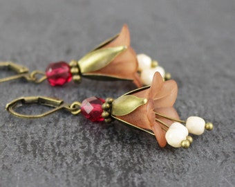 Boucles d'oreilles fleur en marron, boucles d'oreilles bluebell, crème et fuchsia, bijoux pour femme, cadeau pour femme, bijoux de mariée