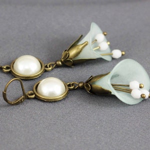 Blossom earrings, light blue and white, antique bronze, flowers, floral, modern, trendy, wedding, jewelry, women, blue, ice blue, petals