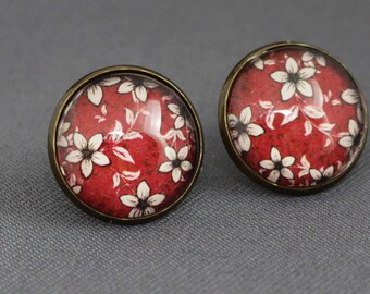 Stud earrings with flowers, red, boho, antique bronze, romantic, dark red, birthday, women, vintage, wedding, floral, floral, tree, glass