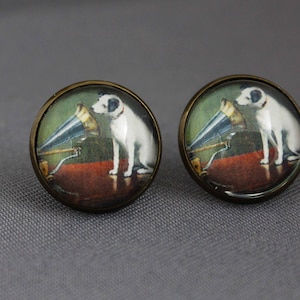 Ohrstecker mit Hund, Ohrringe, Terrier, jack Russell, Hunde, Grammophon, vintage, antik bronze, Tiere, Frauen, Glas, Schmuck, Haustier Bild 1