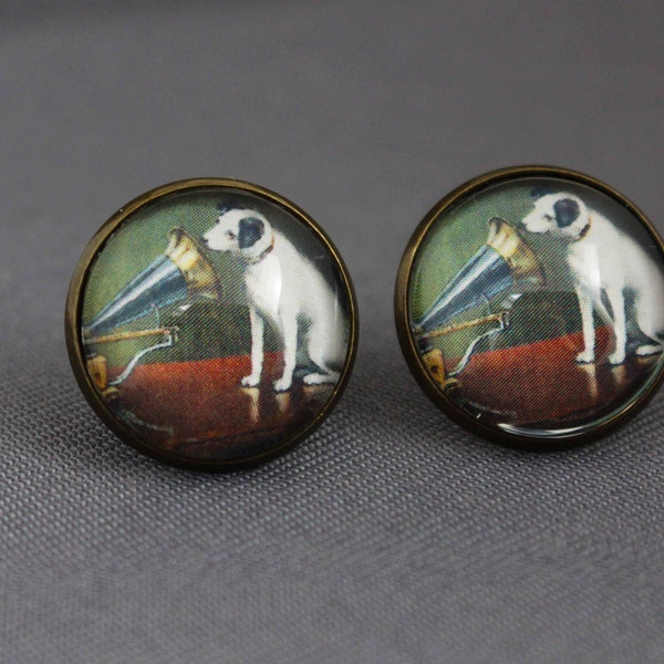 Ohrstecker mit Hund, Ohrringe, Terrier, jack Russell, Hunde, Grammophon, vintage, antik bronze, Tiere, Frauen, Glas, Schmuck, Haustier