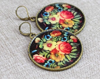 Earrings, ear studs, flowers, antique bronze, colorful, vintage, baroque, discs, floral, floral, colorful, women, jewelry, birthday