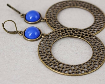 Earrings, discs, big, ring, ornaments, blue, antique bronze, aztec, ethno, vintage, gift, birthday, jewelry, women