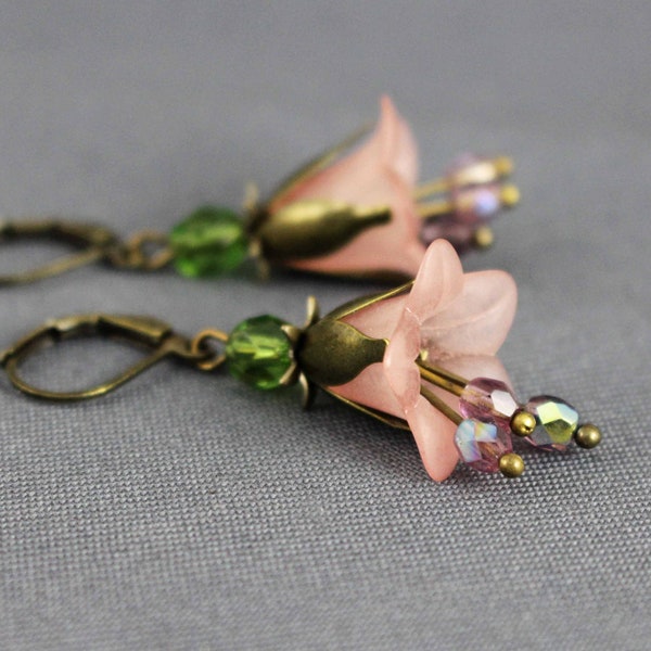 Earrings, blossoms, pink and olive green, antique bronze, romantic, boho, party, gift, flowers, floral, women, elegant, stylish, trendy