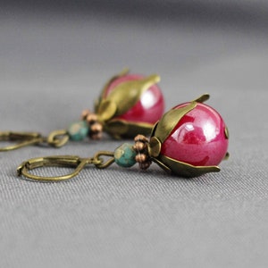 Earrings, fuchsia, pink, petrol, antique bronze, earrings, jewelry, women, vintage, noble, bridal, wedding, stylish, oriental, red