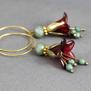 Orecchini, fiori, cerchi, rosso scuro, verde oliva, rosso, fiori, antico, vintage, nobile, gioielli, barocco, romantico, elegante, floreale
