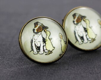 Studs, dog, duck, earrings, pet, puppy, animals, jewelry, glass, nostalgic, retro, vintage, cute, love of animals, Jack Russell