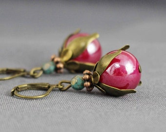 Earrings, fuchsia, pink, petrol, antique bronze, earrings, jewelry, women, vintage, noble, bridal, wedding, stylish, oriental, red