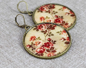 Earrings, studs, roses, beige, red, vintage, boho, wedding, bride, bridal jewelry, noble, antique bronze, silver, flowers, romantic
