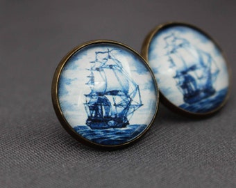 Earrings, studs, ship, maritime, sailing ship, sea, water, antique bronze, glass, round, blue, seafaring, jewelry, noble, trendy