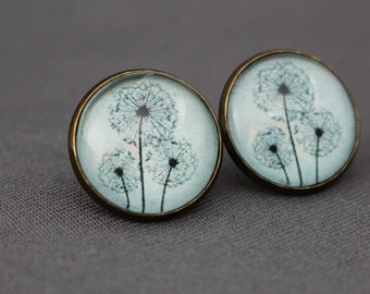 Ohrstecker mit Pusteblume, shabby, blumen, hellblau, blau, Löwenzahn, boho, antik bronze, vintage, Hochzeit, floral, Brautschmuck, Braut