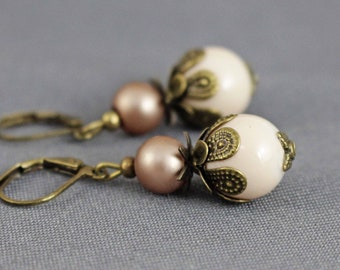 Earrings, pearls, cream, old pink, antique bronze, vintage, wedding, bride, jewelry, women, bridal jewelry, rose, romantic, noble, classic