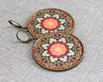 Earrings, studs, patterns, geometric, orange, brown, ethno, mandala, antique, bronze, glass, boho, noble, red, disc, turquoise