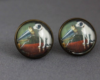 Aretes con perro, aretes, terrier, jack russell, perros, gramófono, vintage, bronce antiguo, animales, mujeres, vidrio, joyas, mascotas