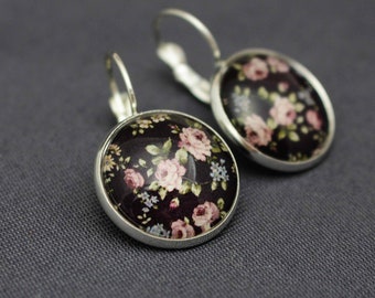 Ohrstecker mit Rosen, schwarz und rosa, boho, silber, antik bronze, Blumen, Barock, vintage, Hochzeit, floral, Brautschmuck, Braut, Glas