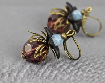 Earrings, berry, purple, violet, light blue, smoky blue, earrings, jewelry, women, vintage, black, boho, antique bronze, stylish