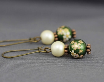 Earrings, cherry blossoms, dark green, cream, blossoms, noble, earrings, antique bronze, floral, boho, vintage, floral, birthday, gift