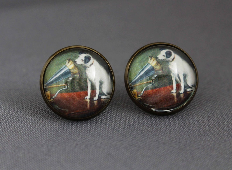 Ohrstecker mit Hund, Ohrringe, Terrier, jack Russell, Hunde, Grammophon, vintage, antik bronze, Tiere, Frauen, Glas, Schmuck, Haustier Bild 1