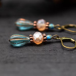 Vintage turquoise earrings with melon drops, glass bead earrings in bronze, summer earrings, boho jewelry, gift for women, petrol blue