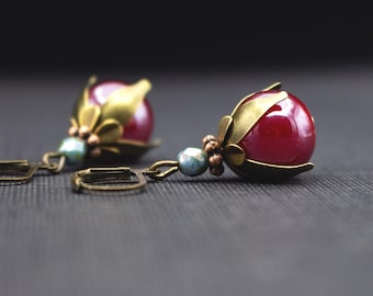 Romantic earrings glass pearl red, antique bronze, summer jewelry, wedding earrings, handmade, elegant, vintage look, women's jewelry