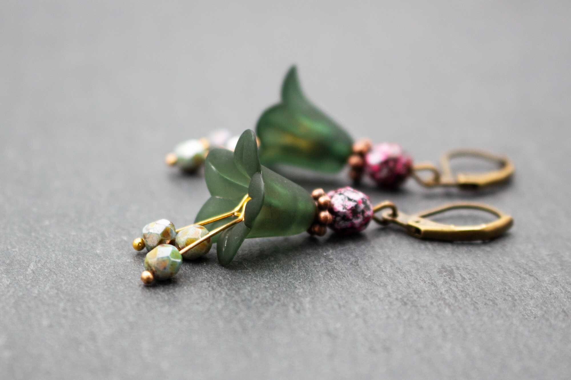 Earrings, blossoms, dark green, pink and black, romantic, boho, ethnic, nature, gift, flowers, floral, women, fir green, jewelry