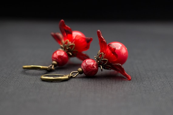 Flower Earrings, Red, Antique Bronze, Flowers, Floral, Modern