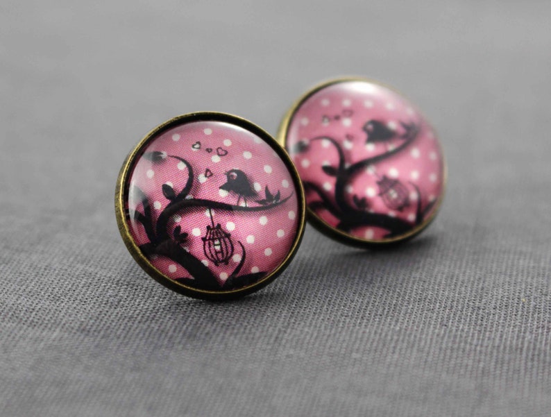 stud earrings antique bronze tree bird cage round jewelry animals pink black birds Earrings dots modern glass bird dotted