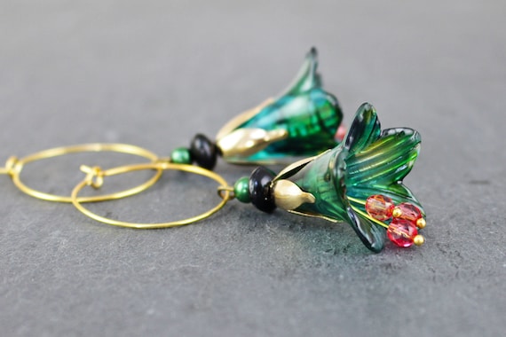 Hoop Earrings With Flowers in Dark Green and Blue, Floral