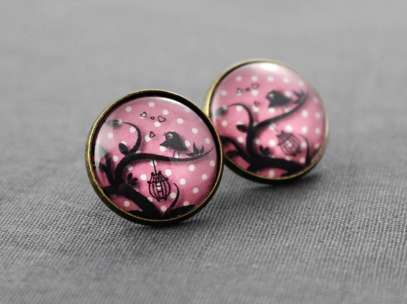 stud earrings antique bronze tree bird cage round jewelry animals pink black birds Earrings dots modern glass bird dotted
