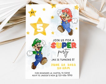 May include: A colorful invitation for a Super Mario themed birthday party. The invitation features a blue background with yellow stars, a large yellow star with the number 5, and illustrations of Mario and Luigi. The text reads "Join us for a Super party, Jax is turning 5! June 10, 2022, 10-6PM, 1234 Bowser Ln. Austin, TX 12345, RSVP to Jaxson's Mom @ 123-456-7890."
