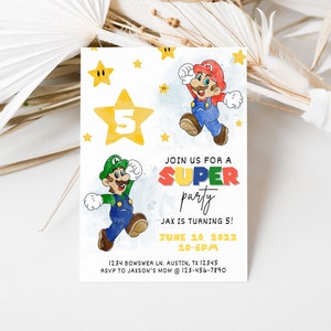 Personalized Super Mario themed birthday party invitation for boys or girls, digital download