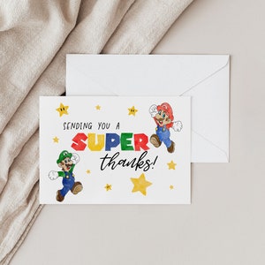 Aquarelle colorée dessinée à la main d'anniversaire de Super Mario, merci, TÉLÉCHARGEMENT NUMÉRIQUE pour carte de voeux