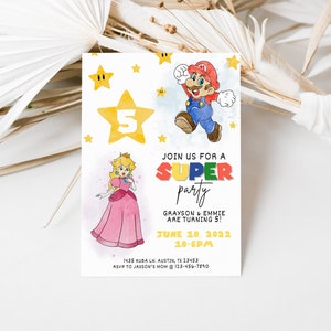 Personalized Super Mario and Princess Peach themed birthday party invitation for boys or girls, digital download