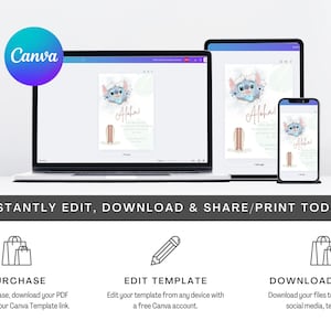 May include: A digital mockup of a laptop, tablet, and phone displaying a printable invitation template featuring a blue cartoon character with the text "Aloha!" in pink. The template is designed for a party or event.