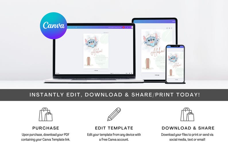 May include: A digital mockup of a laptop, tablet, and phone displaying a printable invitation template featuring a blue cartoon character with the text "Aloha!" in pink. The template is designed for a party or event.