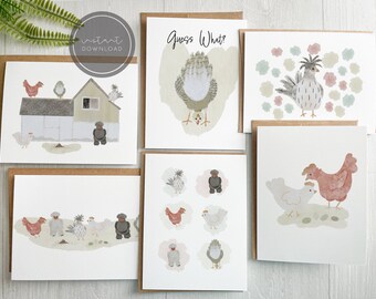 Cute Hand Drawn Watercolor Chickens Greeting Cards DIGITAL DOWNLOAD