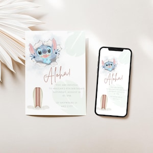 May include: A blue and white invitation card featuring a cartoon Stitch character from Lilo & Stitch. The card reads "Aloha!" and includes a surfboard graphic. The invitation is for a birthday party.