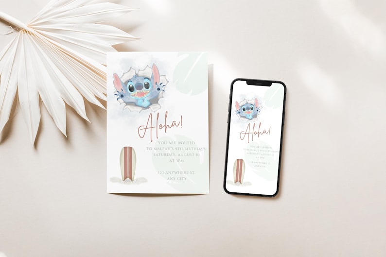 May include: A blue and white invitation card featuring a cartoon Stitch character from Lilo & Stitch. The card reads "Aloha!" and includes a surfboard graphic. The invitation is for a birthday party.