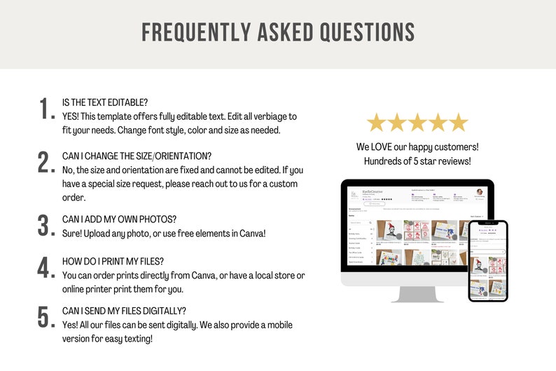 May include: A graphic with frequently asked questions about a digital template. The questions include: Is the text editable? Can I change the size/orientation? Can I add my own photos? How do I print my files? Can I send my files digitally? The graphic also includes a five-star rating and the text "We LOVE our happy customers! Hundreds of 5 star reviews!"