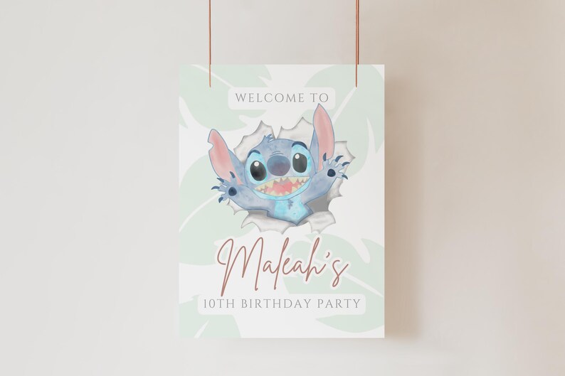 May include: A welcome sign for a 10th birthday party featuring Stitch from Lilo & Stitch. The sign has a light blue background with green leaves and the text "Welcome to Maleah's 10th Birthday Party".