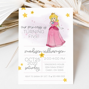 Personalized Princess Peach themed birthday party invitation for girls, digital download