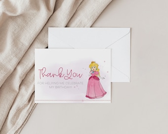 Colorful hand drawn watercolor Princess Peach birthday thank you Greeting Card DIGITAL DOWNLOAD