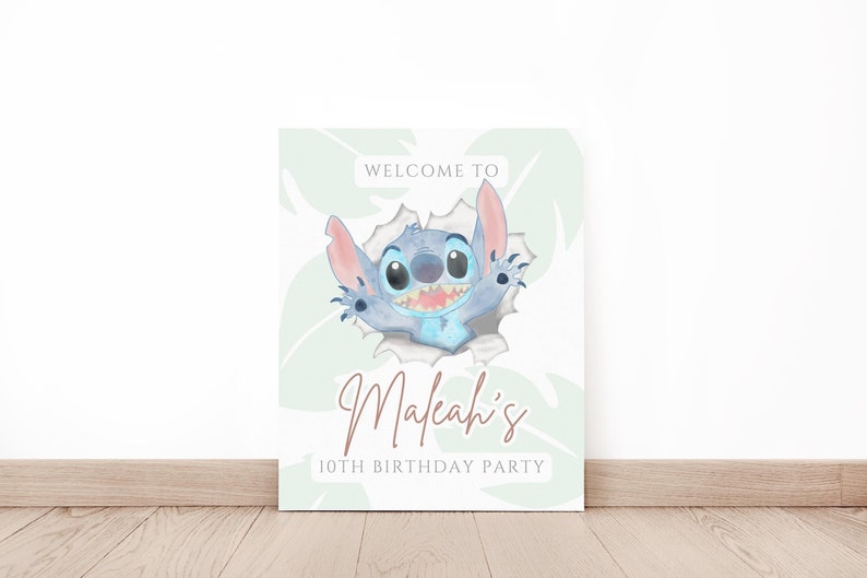 May include: A light blue and pink cartoon character with big eyes and a toothy grin is peeking out of a hole in a green leaf pattern. The text "Welcome to Malekai's 10th Birthday Party" is below the character.