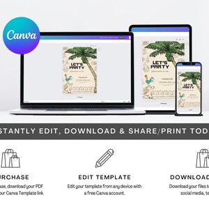 May include: A laptop, tablet, and smartphone display a party invitation template with a palm tree and rooster design. The Canva logo is in the upper left. Text reads "Let's Party". Below are icons and text: Purchase, Edit Template, Download & Share.